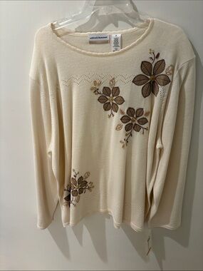 Alfred Dunner Cream Knit Sweater with Brown Floral Embroidery